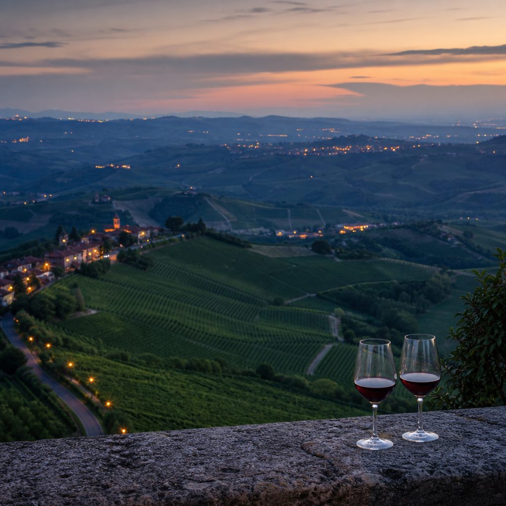 Due calici di vino su un parapetto di pietra al crepuscolo, con le prime luci della valle in lontananza