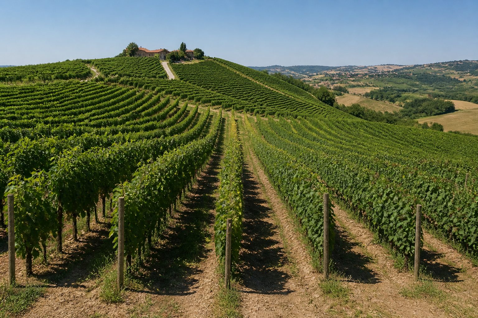 Fianco di collina coltivato a vigneto in piena estate, filari verdi sotto il sole di mezzogiorno e ombre nette