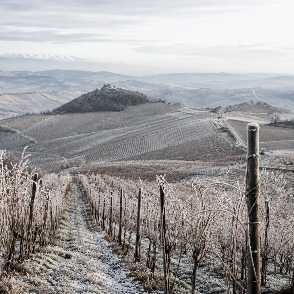 Tralci di vite spogli con brina sui rami in inverno, cielo pallido e luce fredda