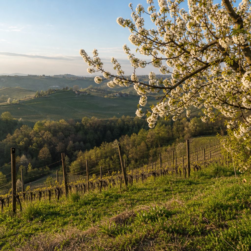 Albero da frutto in fiore al margine di un vigneto in primavera, erba verde e luce morbida