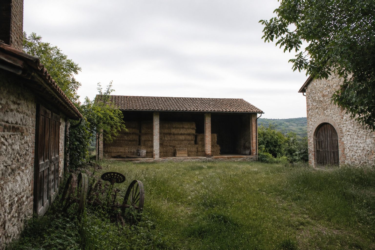 Cortile di una vecchia cascina in pietra con fienile e attrezzi arrugginiti, erba alta e luce grigia
