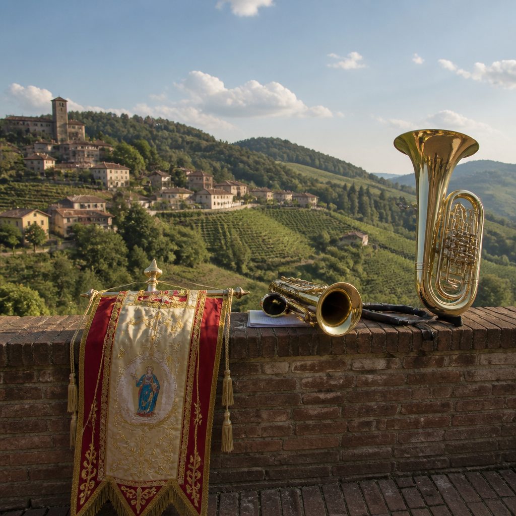 Stendardo di una processione di paese e strumenti di banda appoggiati a un muro durante una pausa