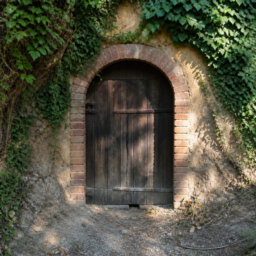 Vecchia porta di cantina ricavata in un banco di sabbia, arco in mattoni e assi di legno