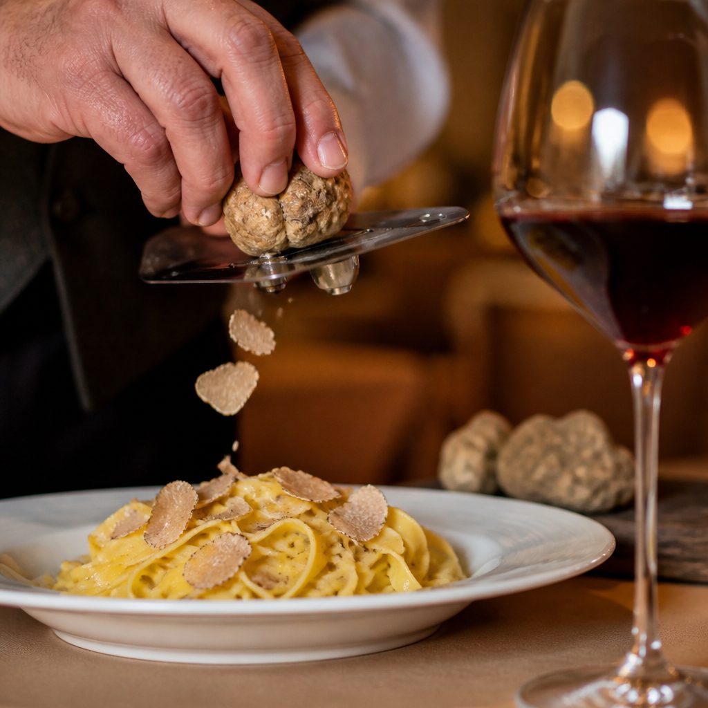 Tartufo bianco affettato sopra un piatto di pasta fresca all'uovo, lama e mano in movimento
