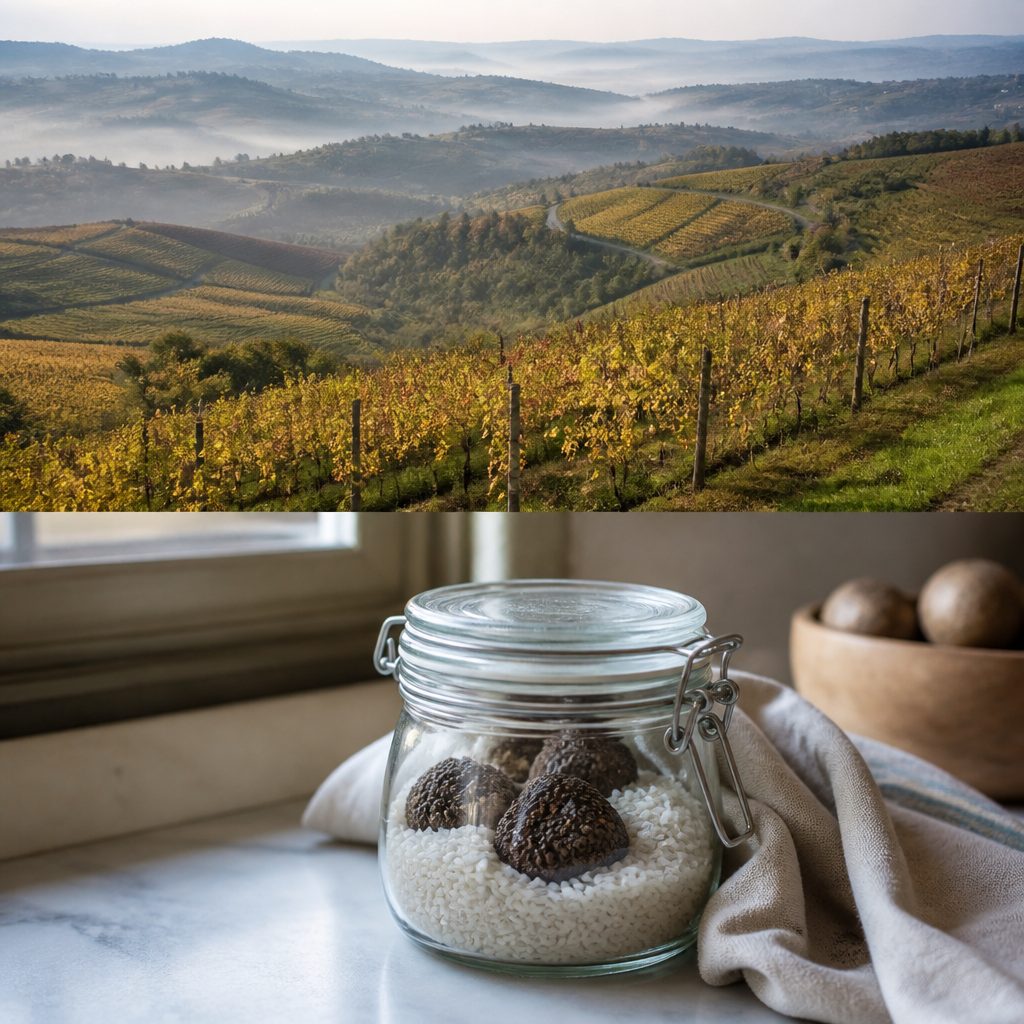 Tartufi conservati in un barattolo di vetro con riso e un telo di lino su un piano da cucina