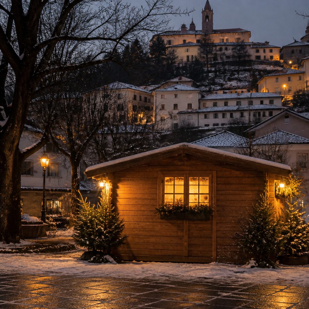 Casetta di legno con la finestra illuminata in una piazza di paese imbiancata, al crepuscolo