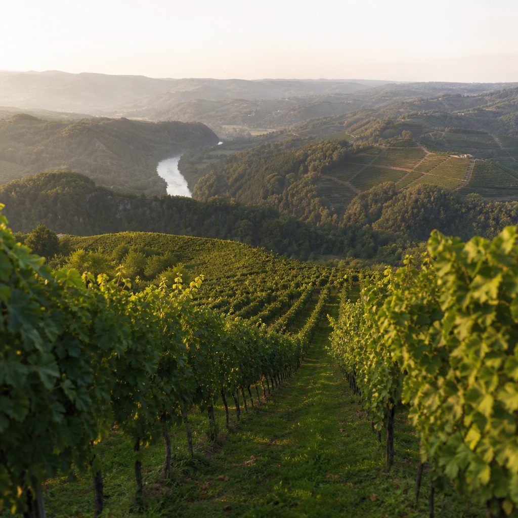Filari che scendono verso il fondovalle del fiume, con l'acqua appena visibile in basso
