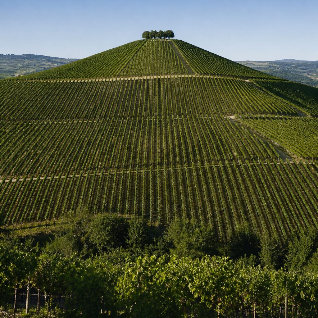 Collina interamente coperta di filari vista frontalmente da un versante opposto