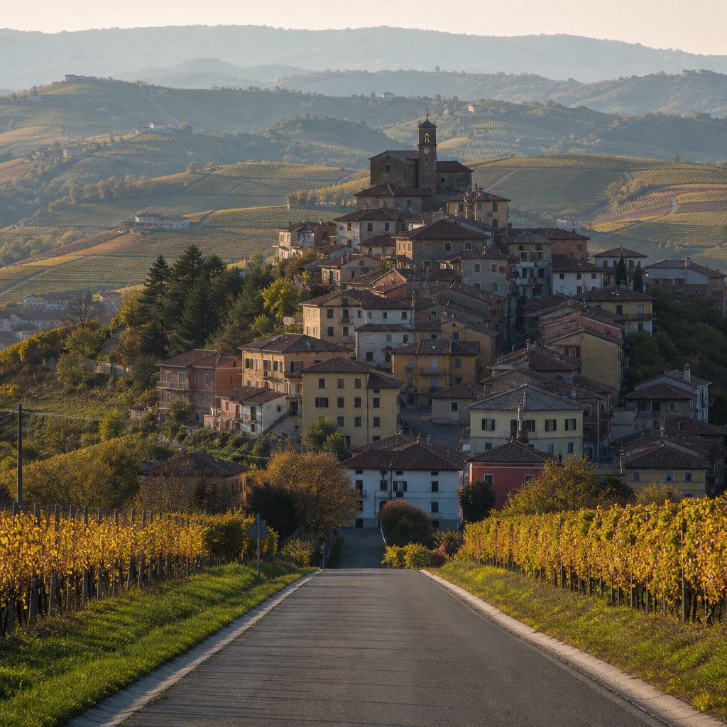Borgo di collina visto in asse lungo la strada di accesso, case sovrapposte una dietro l'altra