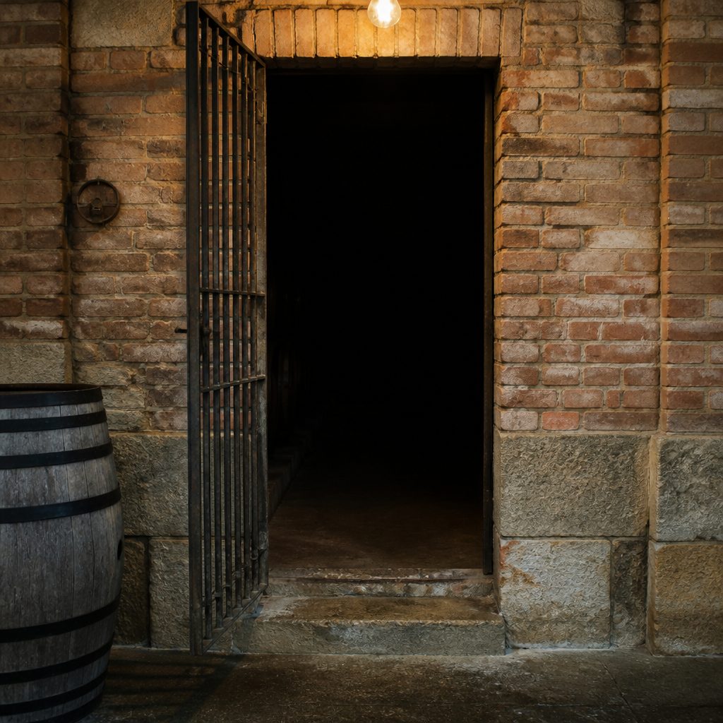 Porta di cantina con grata di ferro spalancata, buio all'interno e una lampadina sulla soglia