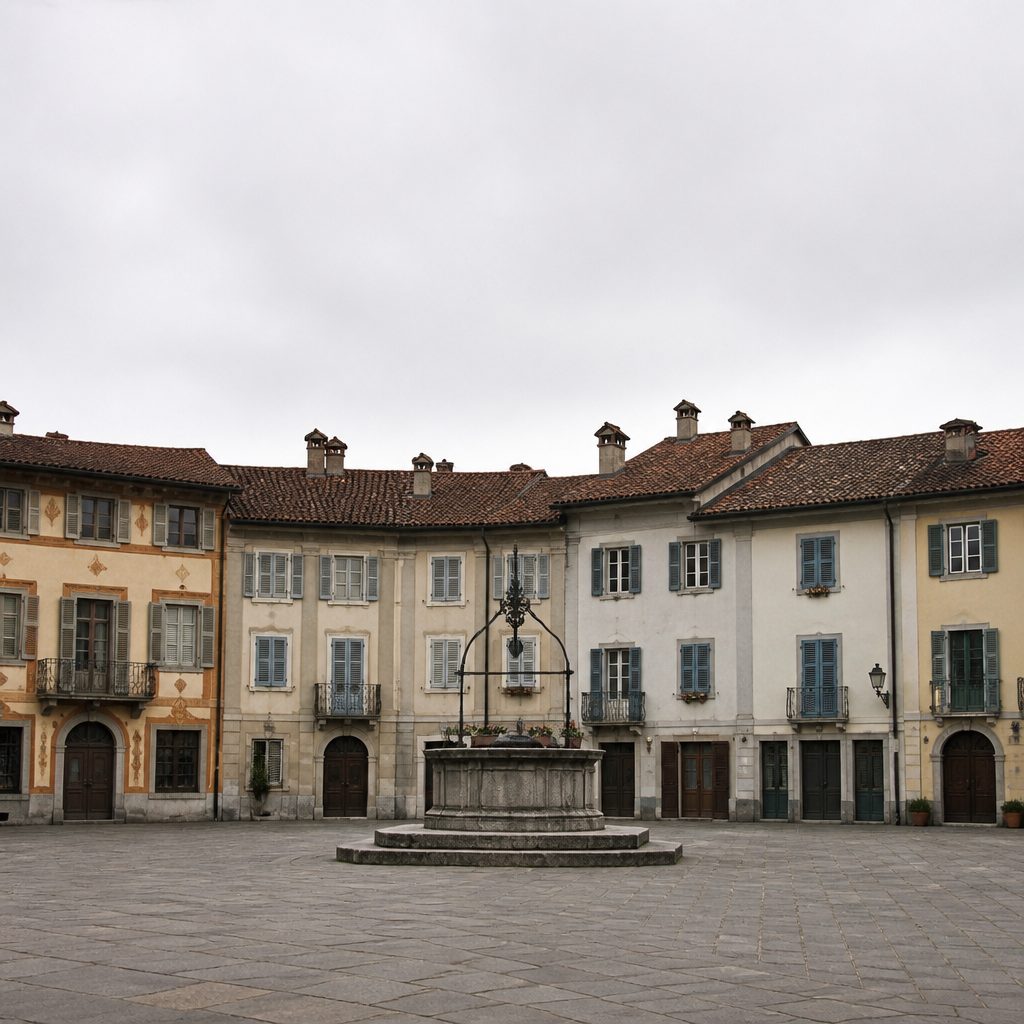 Ampia piazza lastricata con un pozzo in pietra al centro e facciate con le persiane chiuse