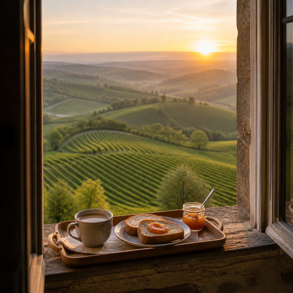 Vassoio con caffè, pane e marmellata su un davanzale di pietra affacciato sulle colline all'alba