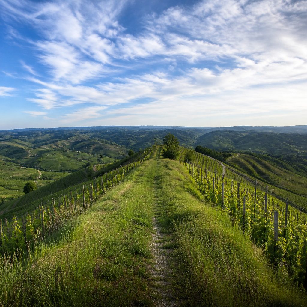 Sentiero erboso che segue la sommità di un crinale, con i vigneti che scendono su entrambi i lati