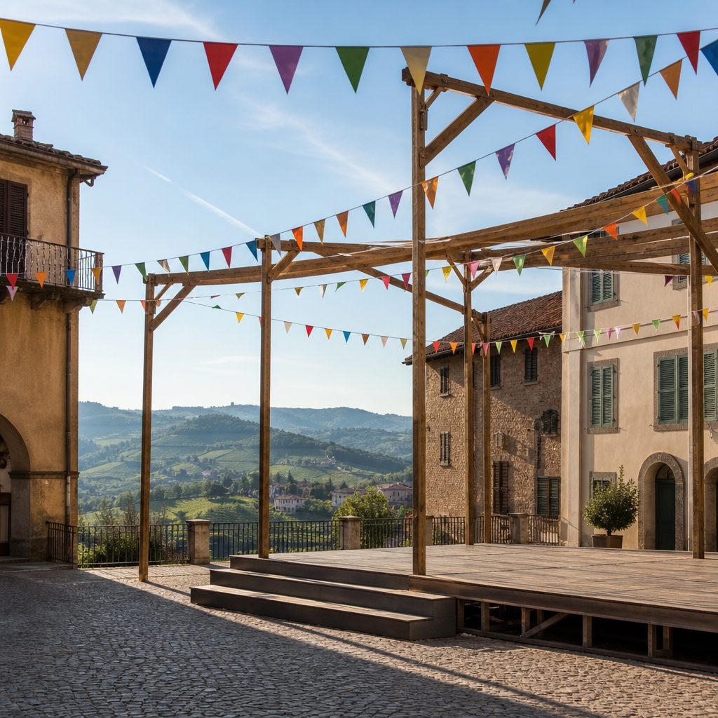 Bandierine e struttura di un palco in legno montati in una piazza di paese prima di una festa