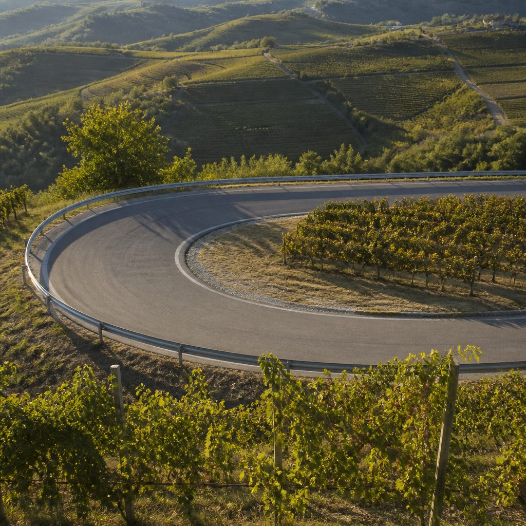 Tornante di una strada fra i vigneti visto dall'alto, guardrail e banchina in ghiaia