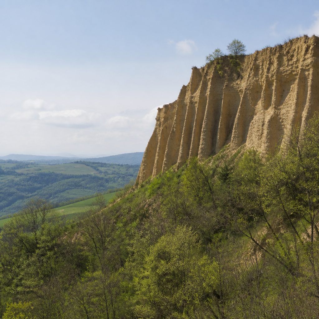 Parete di arenaria con solchi di erosione verticali sopra un versante boscoso