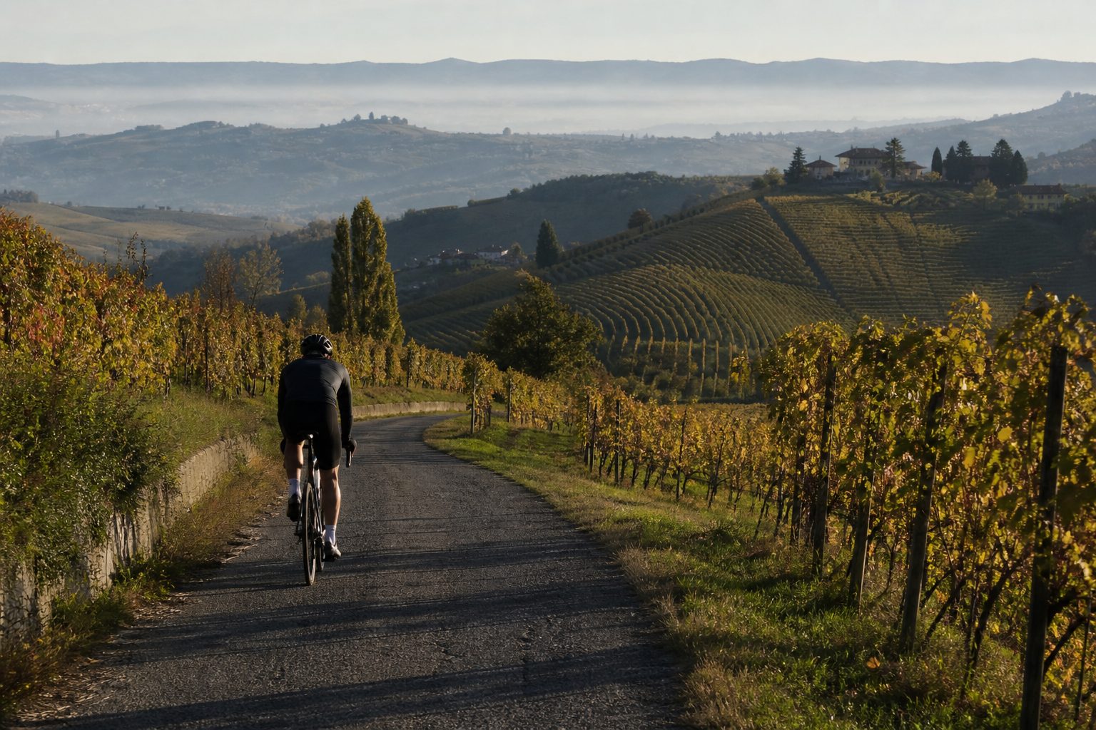 Ciclista di spalle che affronta una salita su una stretta strada fra i vigneti nella luce del primo mattino