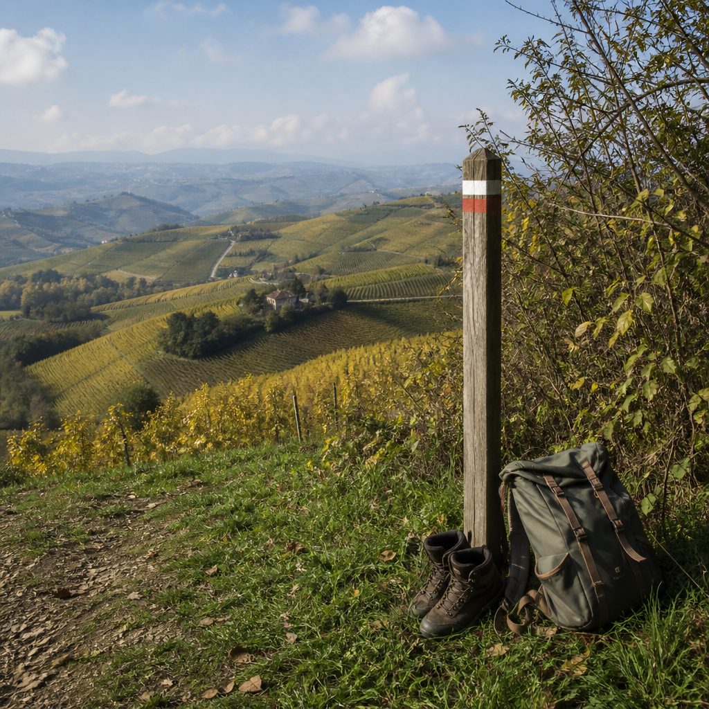 Scarponi da trekking e un piccolo zaino appoggiati sull’erba accanto a un palo segnavia