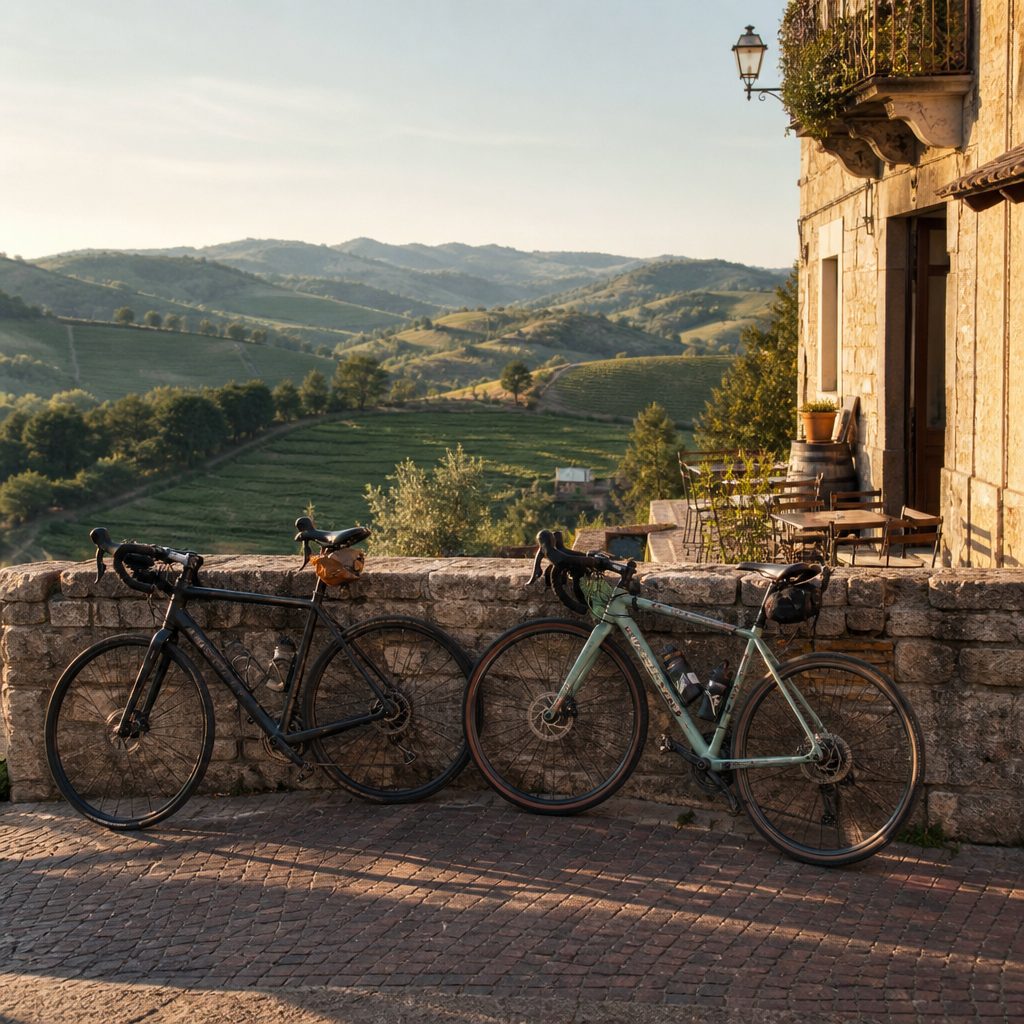 Due biciclette appoggiate a un muro di pietra davanti a un bar di paese nel tardo pomeriggio