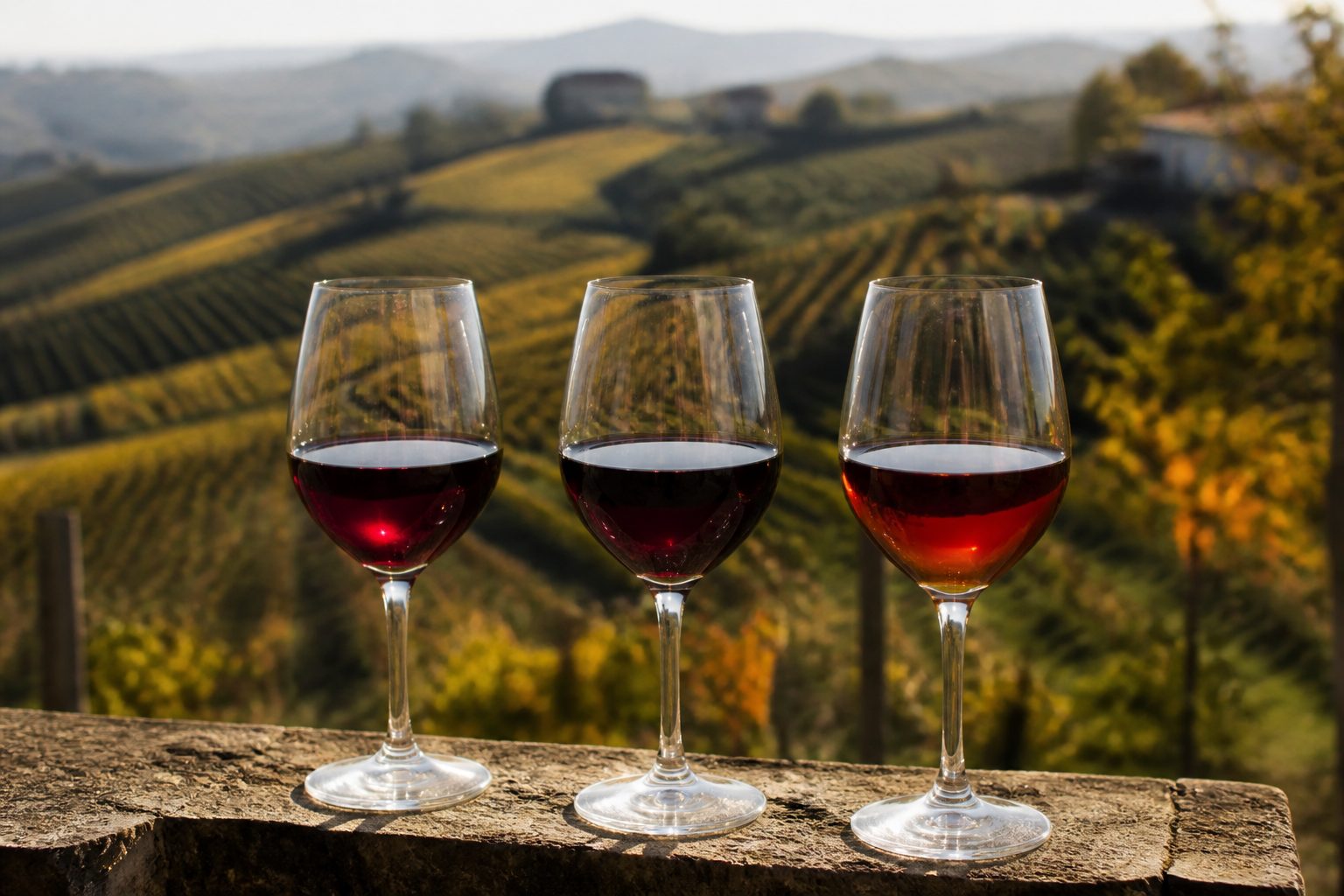 Tre calici di vino rosso di annate diverse allineati su un davanzale in pietra, in controluce