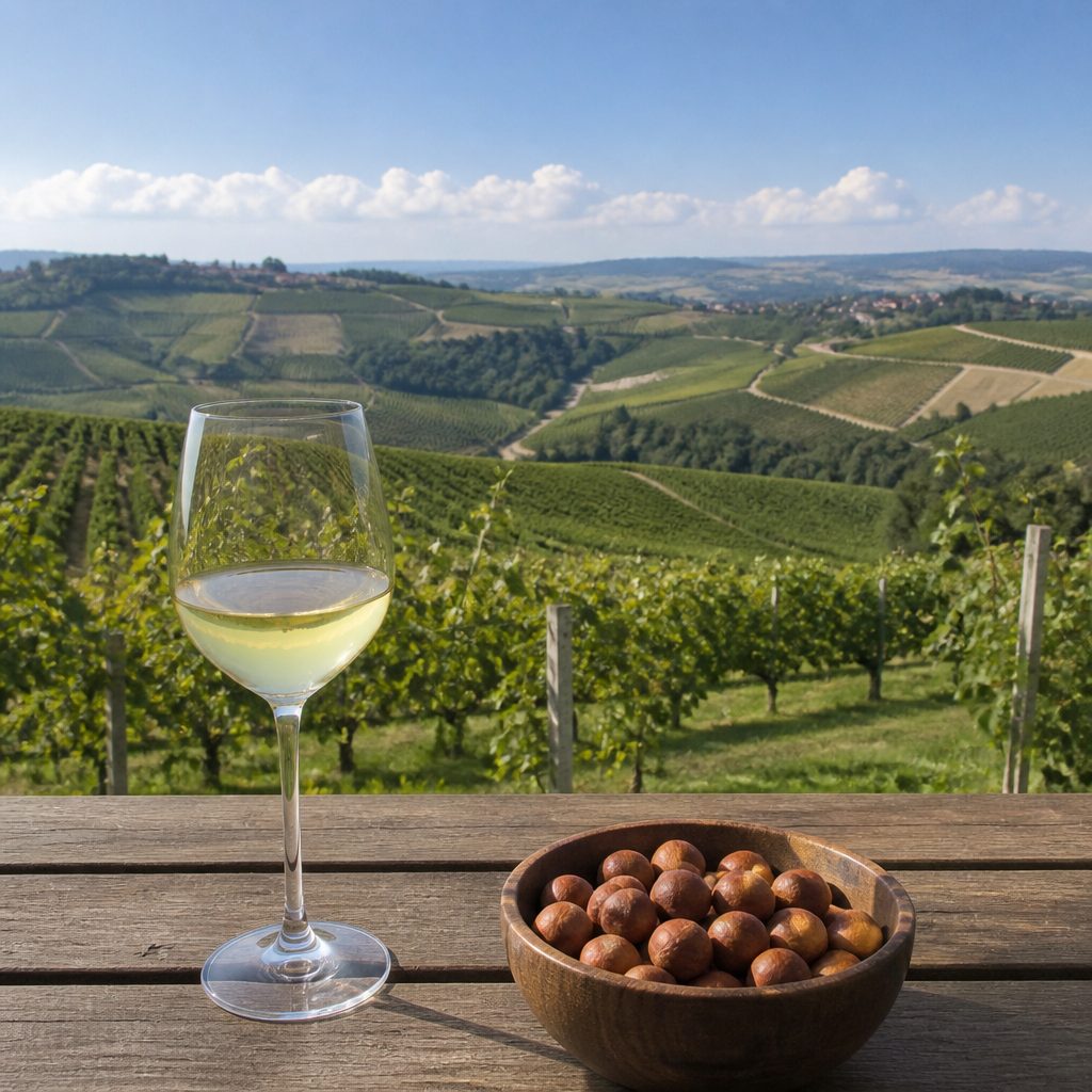 Calice di vino bianco paglierino su un tavolo di legno accanto a una ciotola di nocciole